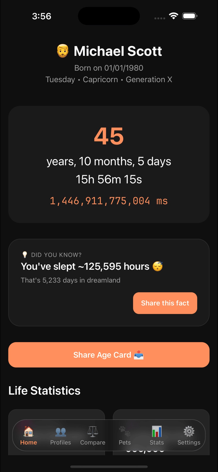 AgeSphere's home screen for a profile named Michael Scott, born 01/01/1980 — Tuesday, Capricorn, Generation X — with a live readout of 45 years, 10 months, 5 days, 15h 56m 15s above a ticking count of 1,446,911,775,004 milliseconds, a "Did you know?" card reading You've slept ~125,595 hours, and a Share Age Card button.