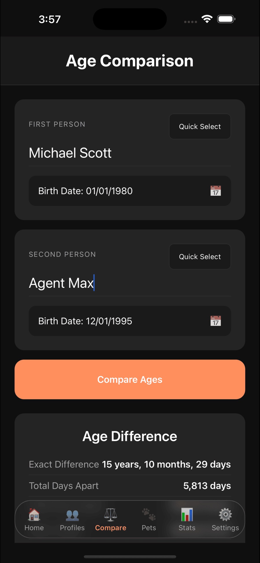 AgeSphere's Age Comparison screen with two cards — first person Michael Scott born 01/01/1980, second person Agent Max born 12/01/1995 — a Compare Ages button, and an Age Difference result of 15 years, 10 months, 29 days and 5,813 total days apart.