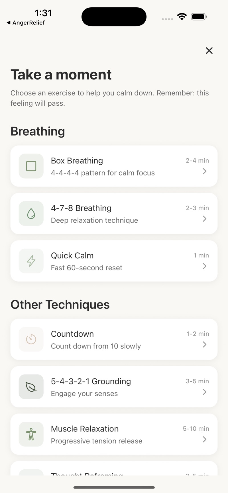 Cooldown's Take a moment screen listing calming exercises: Box Breathing 4-4-4-4 at 2 to 4 minutes, 4-7-8 Breathing at 2 to 3 minutes and Quick Calm at 1 minute under Breathing, then Countdown, 5-4-3-2-1 Grounding and Muscle Relaxation under Other Techniques.