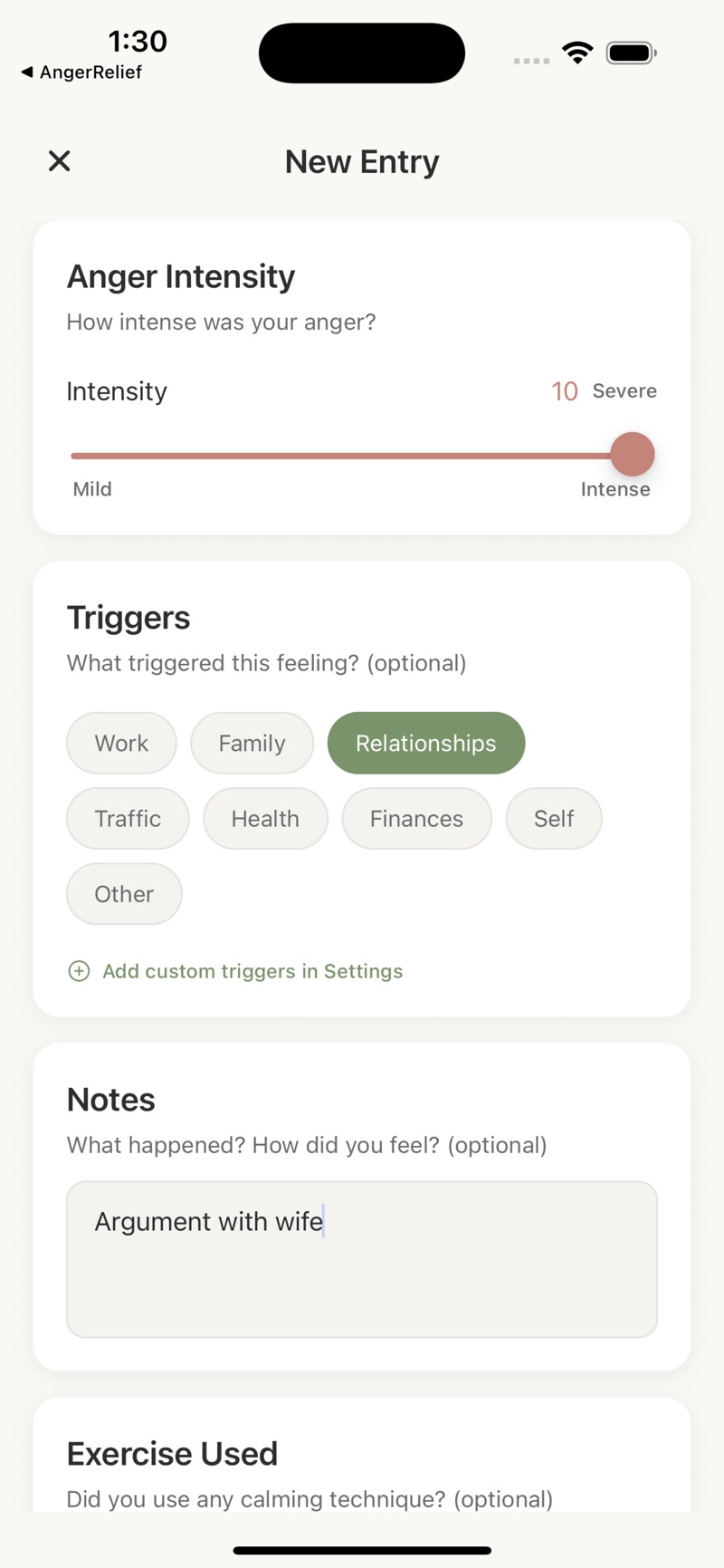 Cooldown's New Entry sheet: an Anger Intensity slider pushed to 10, Severe, a row of trigger chips with Relationships selected among Work, Family, Traffic, Health, Finances and Self, and a Notes field reading Argument with wife.