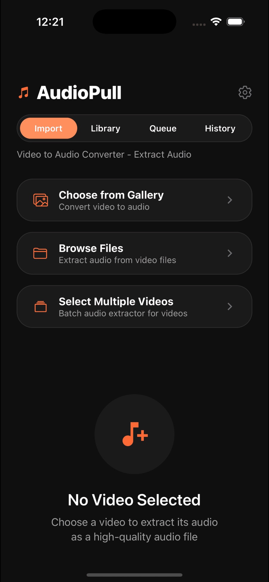 AudioPull's Import tab with three options — Choose from Gallery, Browse Files, and Select Multiple Videos — above a No Video Selected placeholder.