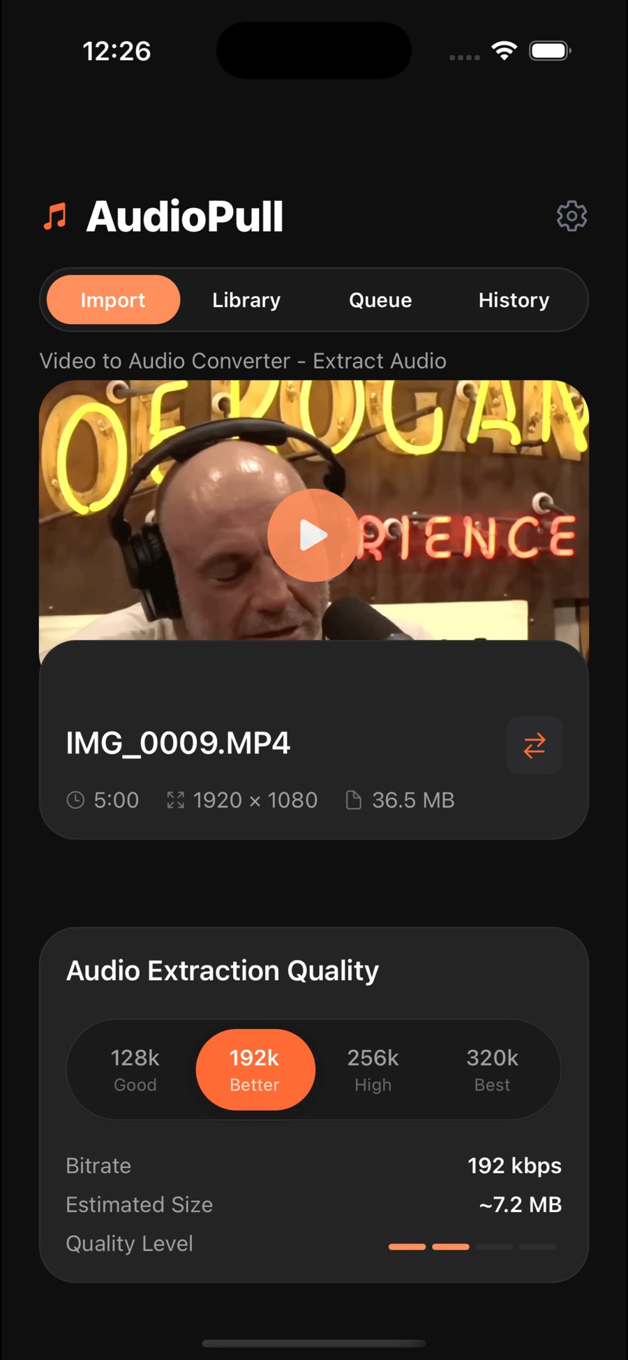 A video loaded in AudioPull: a preview thumbnail of IMG_0009.MP4 with its 5:00 length, 1920 × 1080 resolution and 36.5 MB size, above an Audio Extraction Quality selector set to 192k and an estimated output of about 7.2 MB.