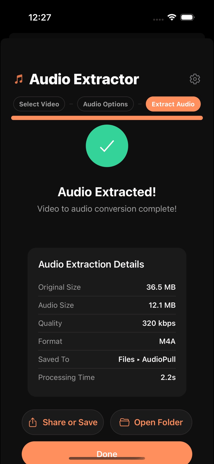 An Audio Extracted confirmation in AudioPull with a green check mark and extraction details: 36.5 MB original size, 12.1 MB audio, 320 kbps quality, M4A format, saved to Files, processed in 2.2 seconds.