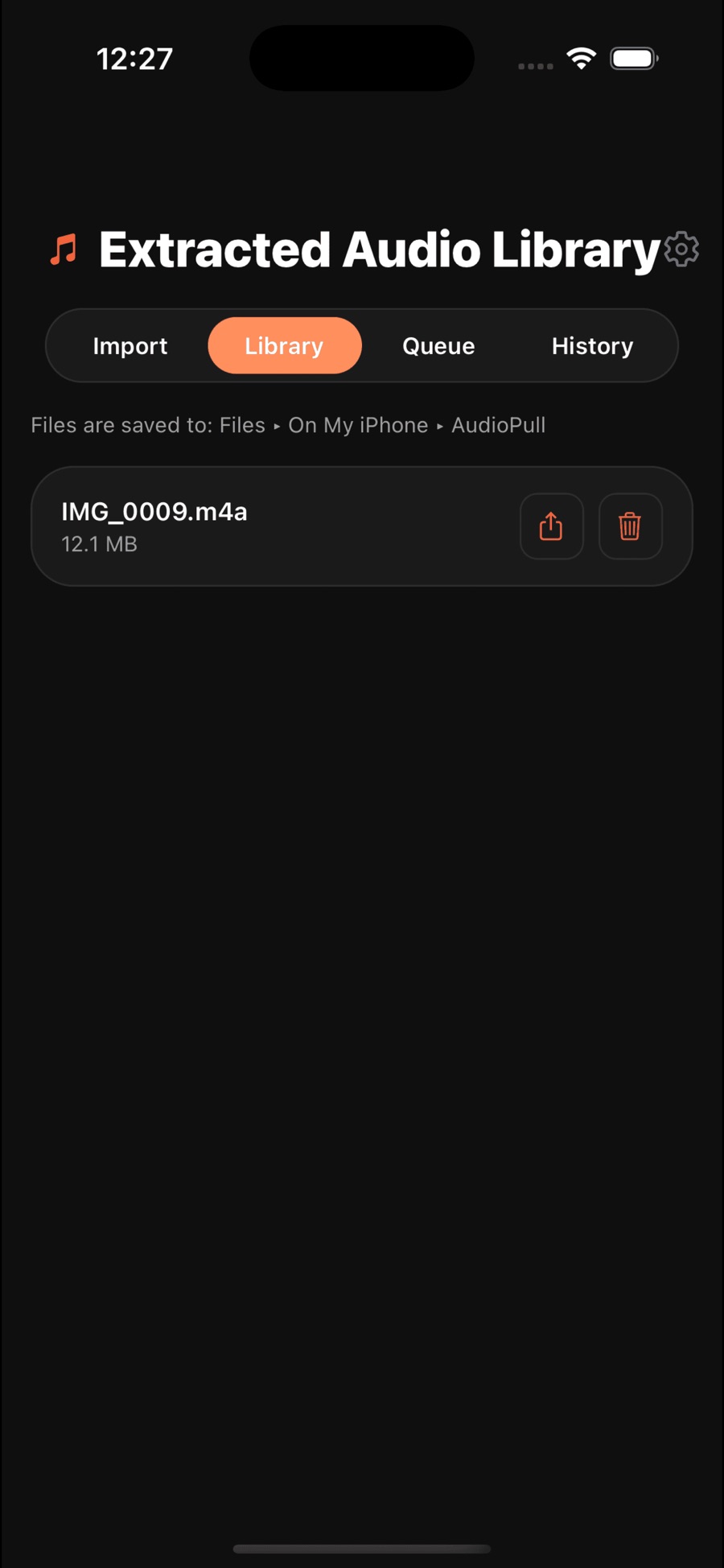The Extracted Audio Library tab in AudioPull listing IMG_0009.m4a at 12.1 MB with share and delete buttons, and a note that files are saved to Files, On My iPhone, AudioPull.