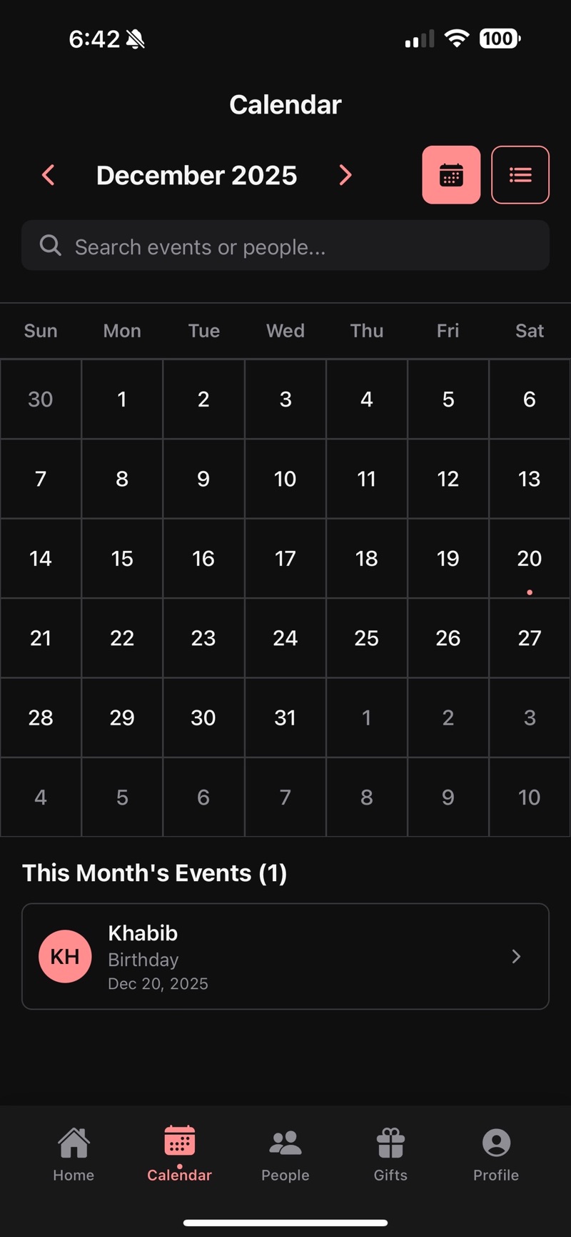 KinMinder's Calendar tab showing December 2025 in a month grid with the 20th marked by a dot, a search field for events or people, and a This Month's Events list containing Khabib's birthday on Dec 20, 2025.