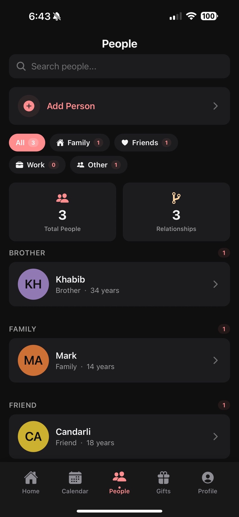 KinMinder's People tab with an Add Person button, filter chips for Family, Friends, Work and Other, counters reading 3 total people and 3 relationships, and grouped entries for Khabib as brother aged 34, Mark as family aged 14, and Candarli as friend aged 18.