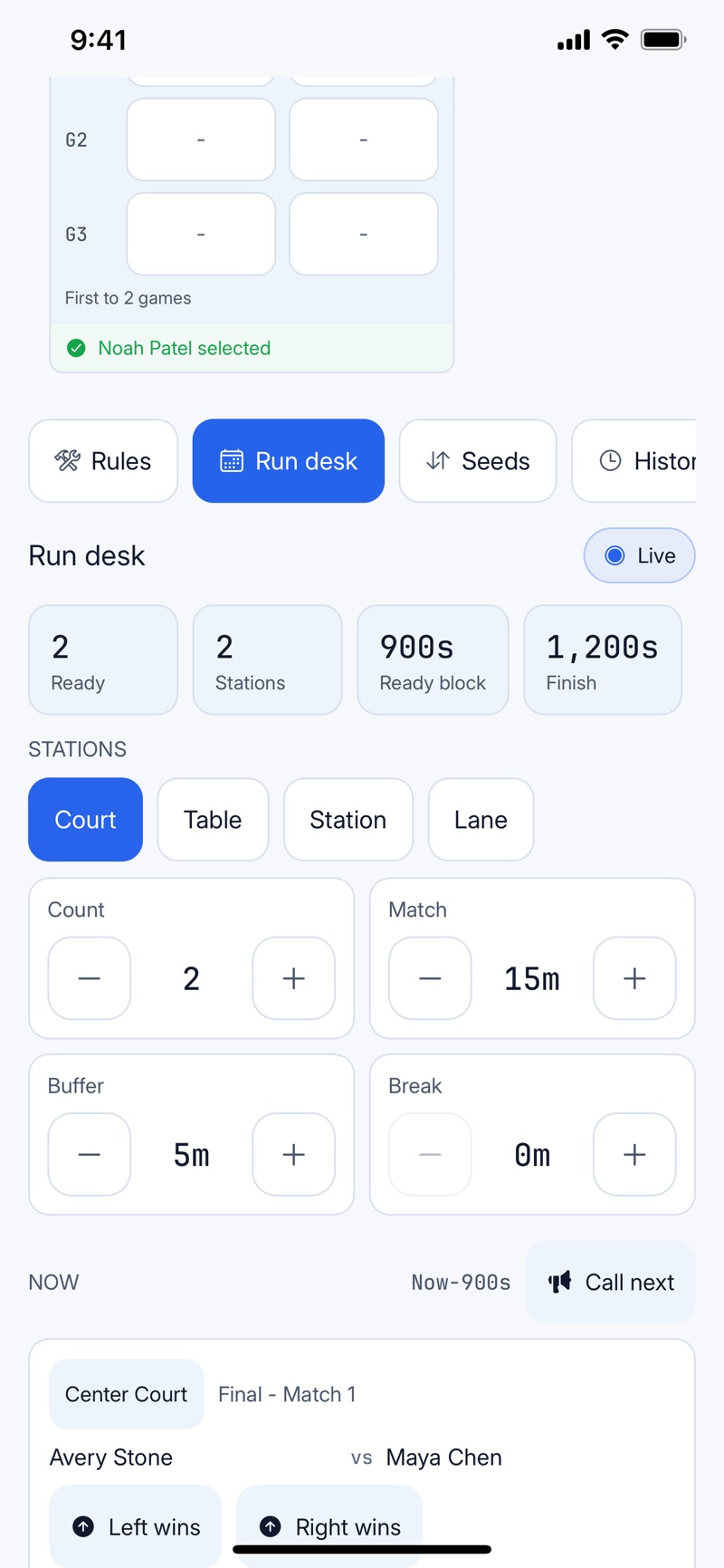 Roundra's run desk on match day: two courts, 15-minute matches with a 5-minute buffer, station labels for court, table, station or lane, a Call next button, and Left wins and Right wins buttons for the current final.