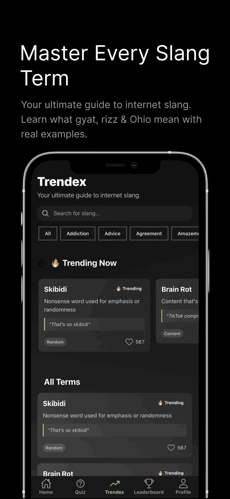 Trendex's slang dictionary under the headline Master Every Slang Term: a search field, alphabetical category chips, a Trending Now row with Skibidi and Brain Rot, and an All Terms list where Skibidi is defined as a nonsense word used for emphasis or randomness with the example That's so skibidi.