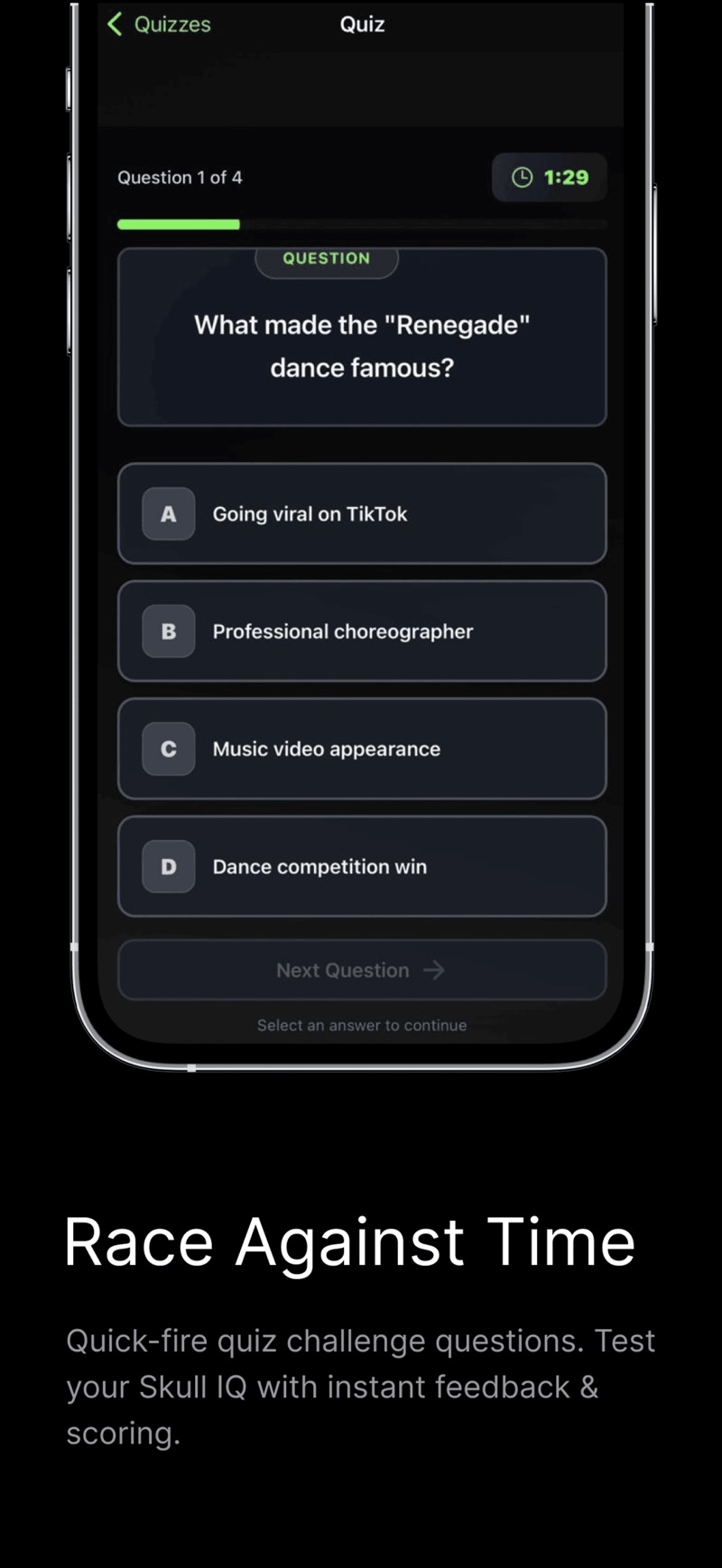A Trendex quiz in progress under the headline Race Against Time: question 1 of 4 with 1 minute 29 seconds left on the clock, asking what made the Renegade dance famous, with four lettered answers — going viral on TikTok, professional choreographer, music video appearance, and dance competition win.