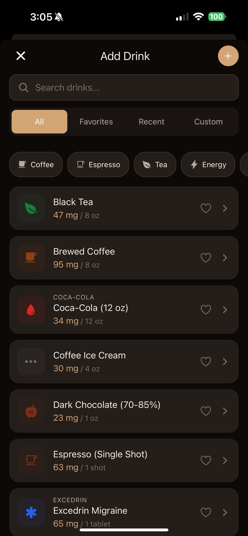 HalfCup's Add Drink screen with a search field and tabs for All, Favorites, Recent and Custom, category chips for Coffee, Espresso, Tea and Energy, and a scrolling list showing black tea at 47 mg per 8 oz, brewed coffee at 95 mg per 8 oz, Coca-Cola at 34 mg per 12 oz, coffee ice cream at 30 mg, dark chocolate at 23 mg per 1 oz, a single espresso shot at 63 mg, and Excedrin Migraine at 65 mg per tablet.