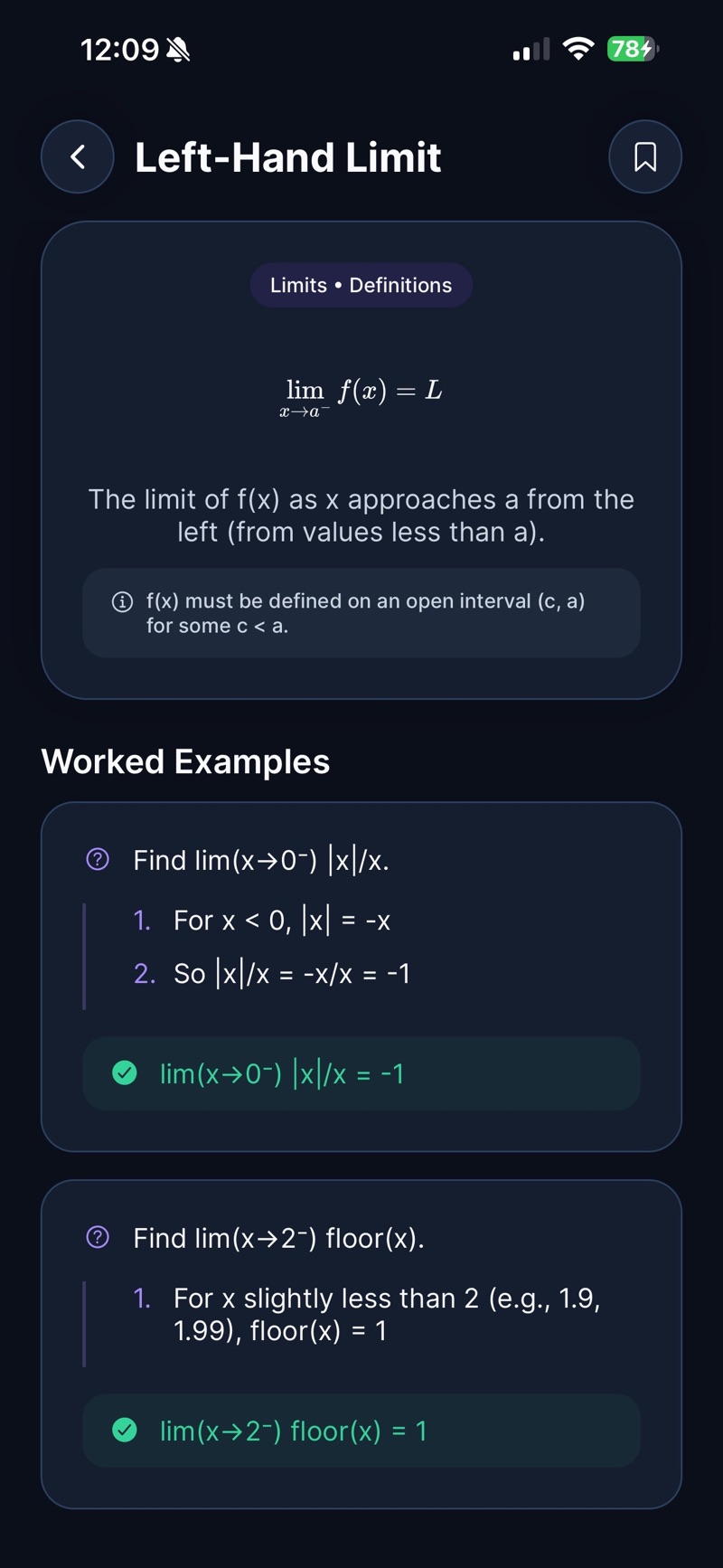 CalcRef's entry for Left-Hand Limit under Limits and Definitions, showing the notation for the limit of f of x as x approaches a from the left equals L, a plain-English explanation, a condition note, and two worked examples solving the limit of the absolute value of x over x and the limit of floor of x, each ending in a highlighted answer.