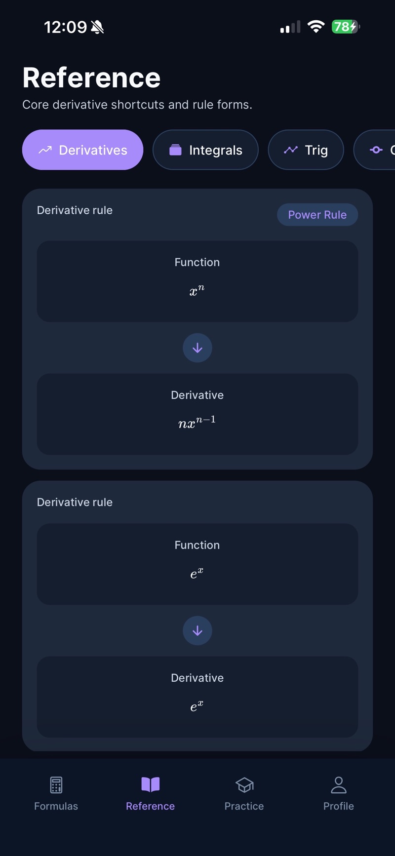 CalcRef's Reference tab, subtitled Core derivative shortcuts and rule forms, with tabs for Derivatives, Integrals and Trig, showing derivative rule cards — the Power Rule mapping the function x to the n onto the derivative n times x to the n minus 1, and a card mapping e to the x onto e to the x.