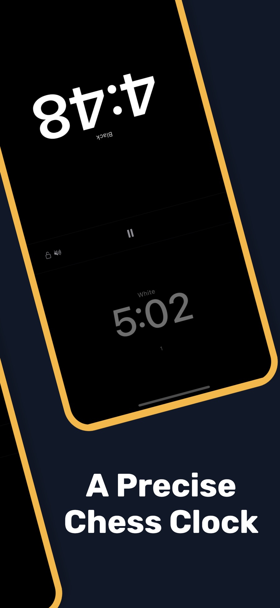 TockRelay's two-player clock on an iPhone lying flat: Black's half, turned to face the far player, is on move in bright white digits at 4:48, White's dimmed half reads 5:02 after one move, and a thin center band holds the pause button beside lock and mute icons.