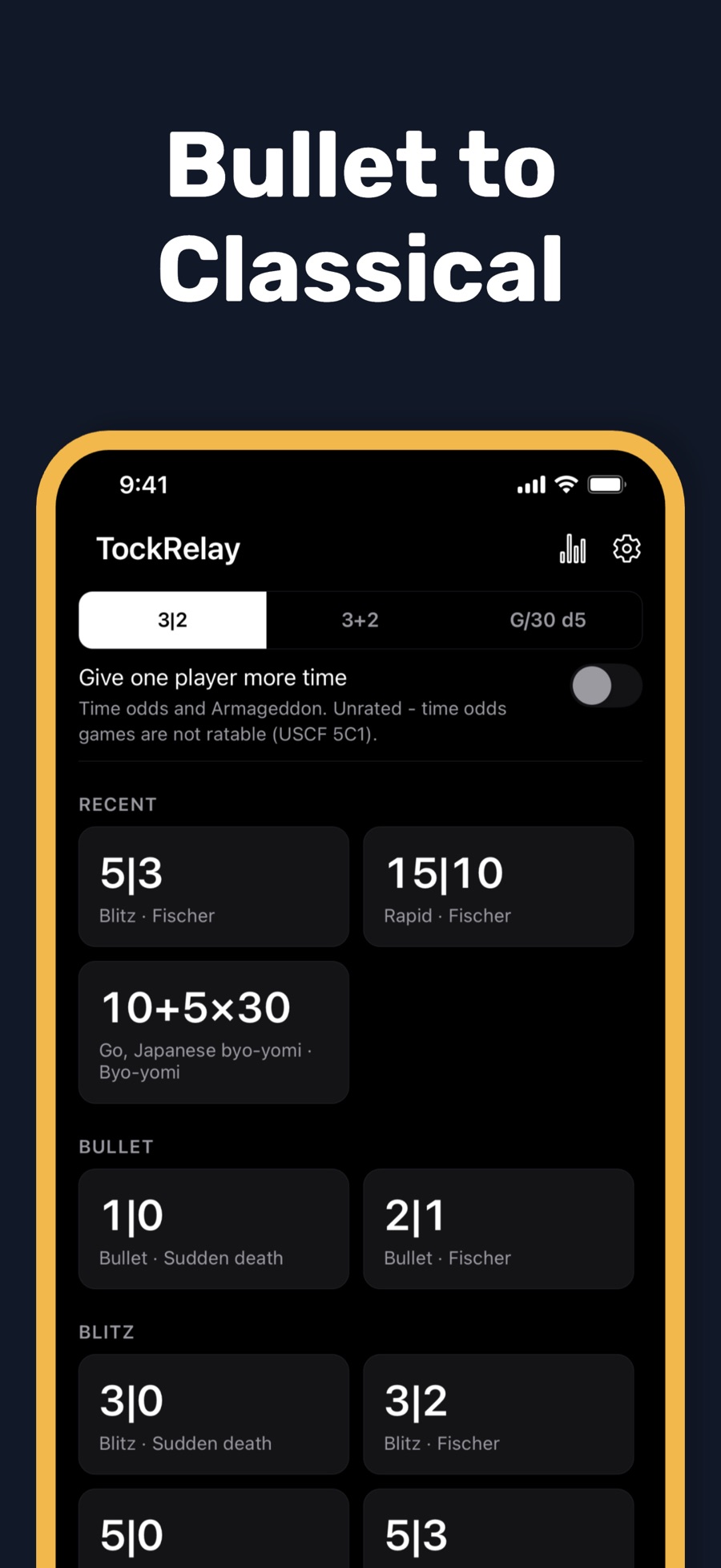 TockRelay's preset library with a notation switch set to 3|2 beside 3+2 and G/30 d5, a Give one player more time toggle for time odds and Armageddon, recent controls 5|3 blitz, 15|10 rapid, and 10+5×30 Go Japanese byo-yomi, then bullet 1|0 and 2|1 and blitz 3|0, 3|2, 5|0, and 5|3.