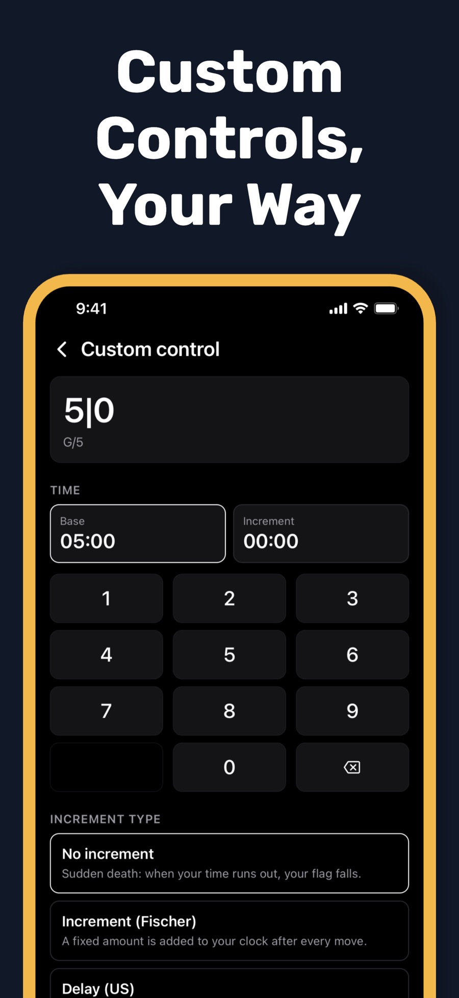 TockRelay's Custom control editor building a 5|0 control shown as G/5, with Base 05:00 and Increment 00:00 fields, a numeric keypad, and increment types No increment for sudden death, Increment (Fischer), and Delay (US), each with a one-line explanation.