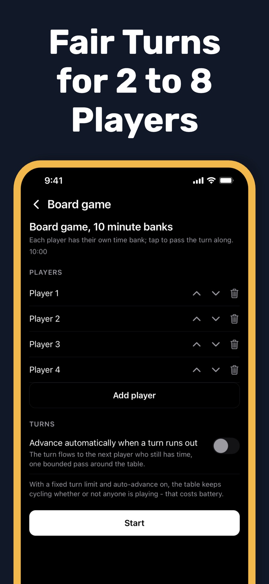 TockRelay's Board game setup for 10 minute banks: Player 1 through Player 4 with move up, move down, and delete buttons, an Add player button, an Advance automatically when a turn runs out toggle, a note that fixed turn limits with auto-advance cost battery, and a Start button.