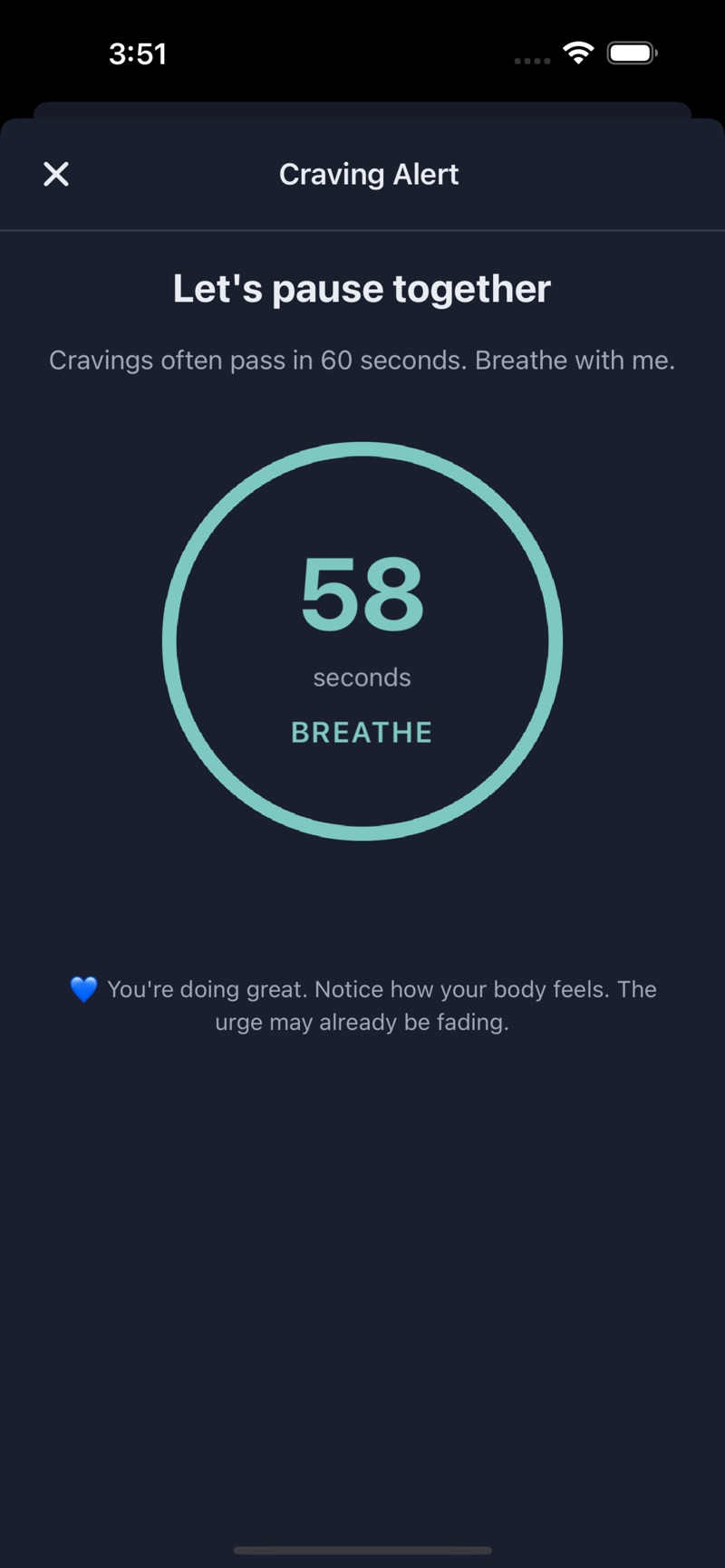 SugarWhisper's Craving Alert screen headed Let's pause together, explaining that cravings often pass in 60 seconds, with a large teal ring counting down from 58 seconds above the word BREATHE and a note reminding you to notice how your body feels as the urge fades.