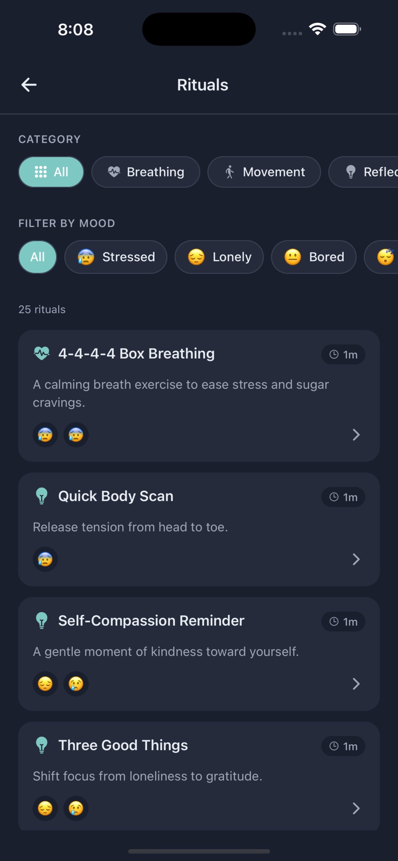 SugarWhisper's Rituals library listing 25 rituals with category chips for Breathing, Movement and Reflection and mood filters for Stressed, Lonely and Bored, showing one-minute rituals including 4-4-4-4 Box Breathing, Quick Body Scan, Self-Compassion Reminder, and Three Good Things.