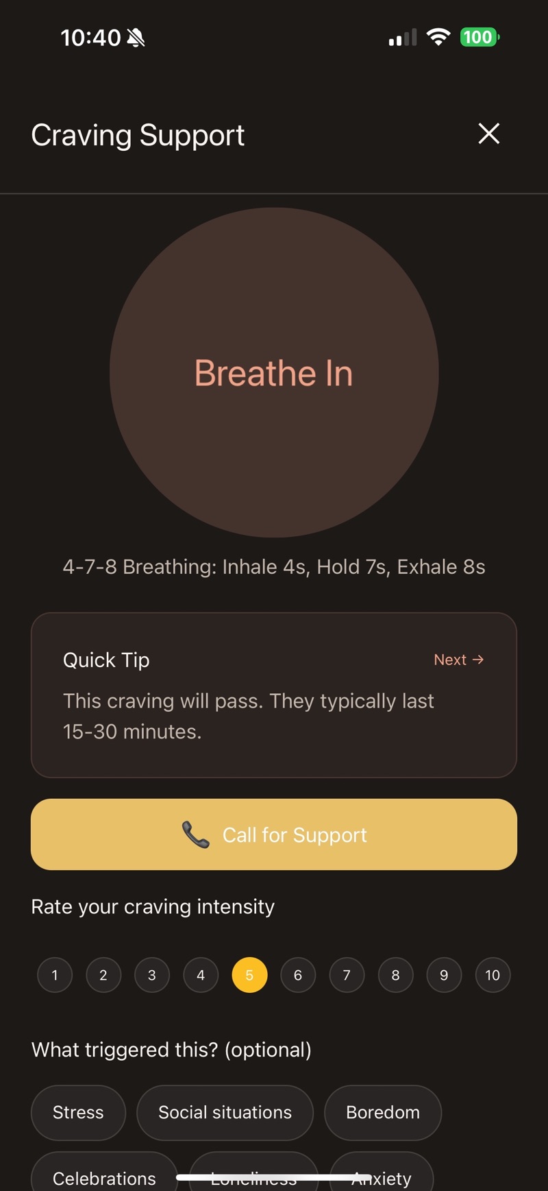 Drywell's Craving Support screen with a large Breathe In circle running 4-7-8 breathing — inhale 4 seconds, hold 7, exhale 8 — a quick tip that cravings typically last 15 to 30 minutes, a Call for Support button, a 1 to 10 craving intensity scale with 5 selected, and trigger chips for stress, social situations, boredom, celebrations, loneliness and anxiety.