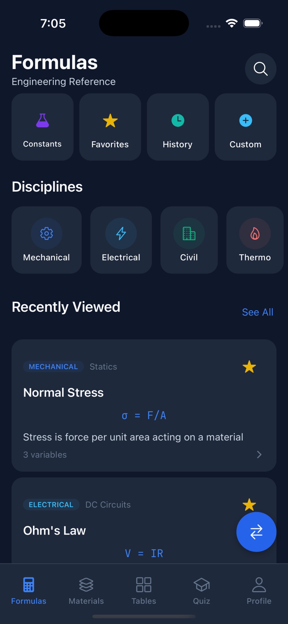 EngiRef's Formulas tab, subtitled Engineering Reference, with shortcut tiles for Constants, Favorites, History and Custom, a Disciplines row of Mechanical, Electrical, Civil and Thermo, and a Recently Viewed list showing Normal Stress as sigma equals F over A and Ohm's Law as V equals IR.