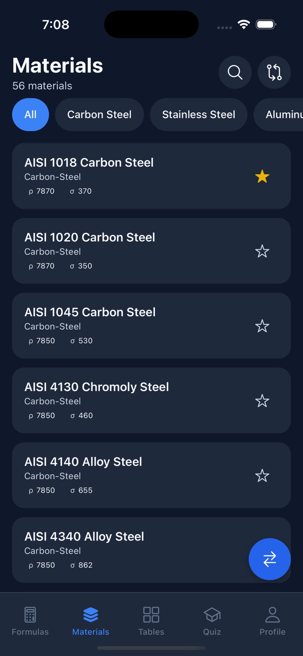 EngiRef's Materials tab listing 56 materials with filter chips for All, Carbon Steel, Stainless Steel and Aluminium — AISI 1018 Carbon Steel at density 7870 and tensile 370, AISI 1020, AISI 1045, AISI 4130 Chromoly, AISI 4140 and AISI 4340 Alloy Steel each with density and strength figures.