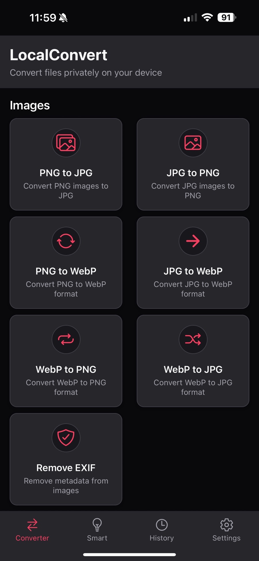 LocalConvert open on an iPhone: an Images section with tiles for PNG to JPG, JPG to PNG, PNG to WebP, JPG to WebP, WebP to PNG, WebP to JPG and Remove EXIF, above a tab bar with Converter, Smart, History and Settings.