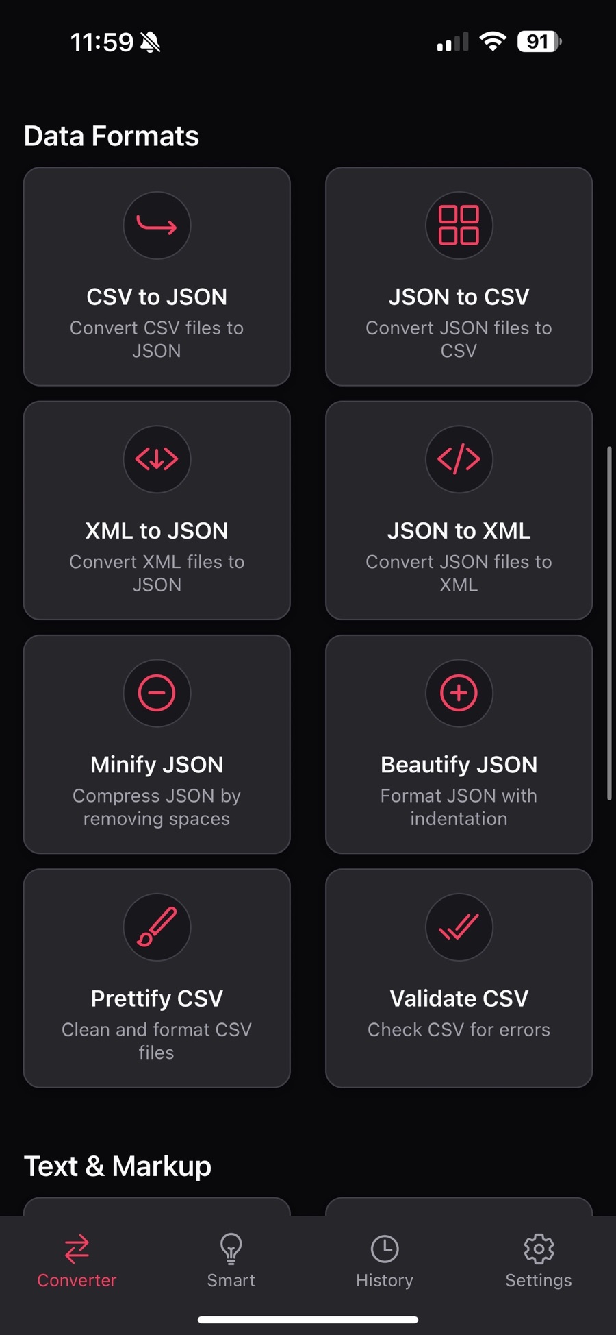The Data Formats section of LocalConvert listing CSV to JSON, JSON to CSV, XML to JSON, JSON to XML, Minify JSON, Beautify JSON, Prettify CSV and Validate CSV.