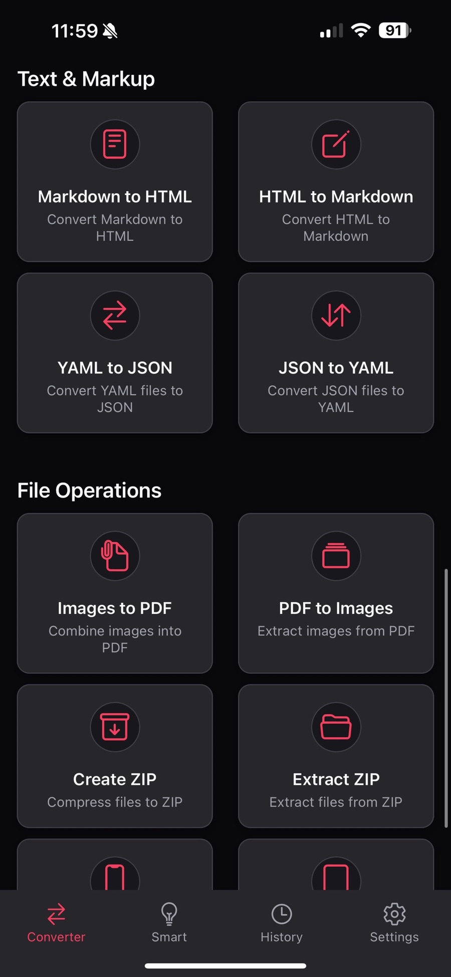 The Text and Markup section of LocalConvert with Markdown to HTML, HTML to Markdown, YAML to JSON and JSON to YAML, followed by File Operations for Images to PDF, PDF to Images, Create ZIP and Extract ZIP.