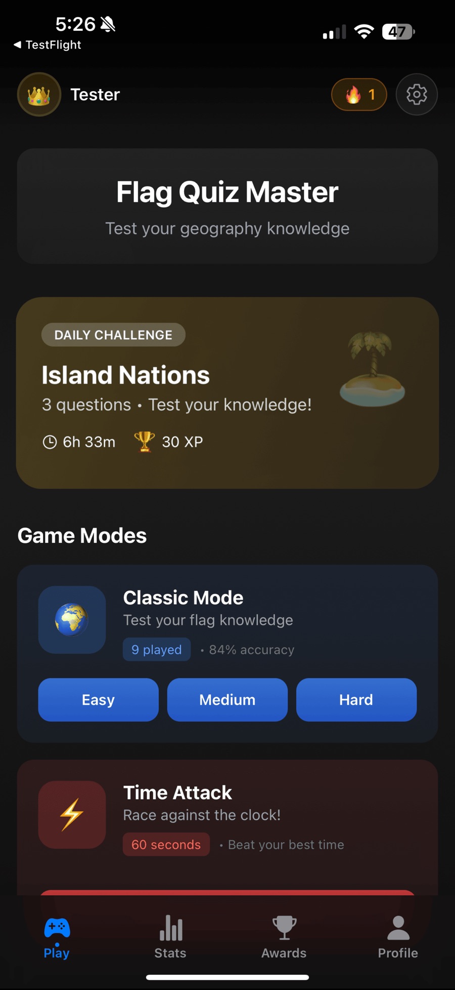 Flag Quiz Master home screen: a gold Daily Challenge card for "Island Nations" with 3 questions, 6h 33m left and 30 XP, above a Game Modes list where Classic Mode shows 9 played at 84% accuracy with Easy, Medium and Hard buttons, and Time Attack shows a 60 second round.