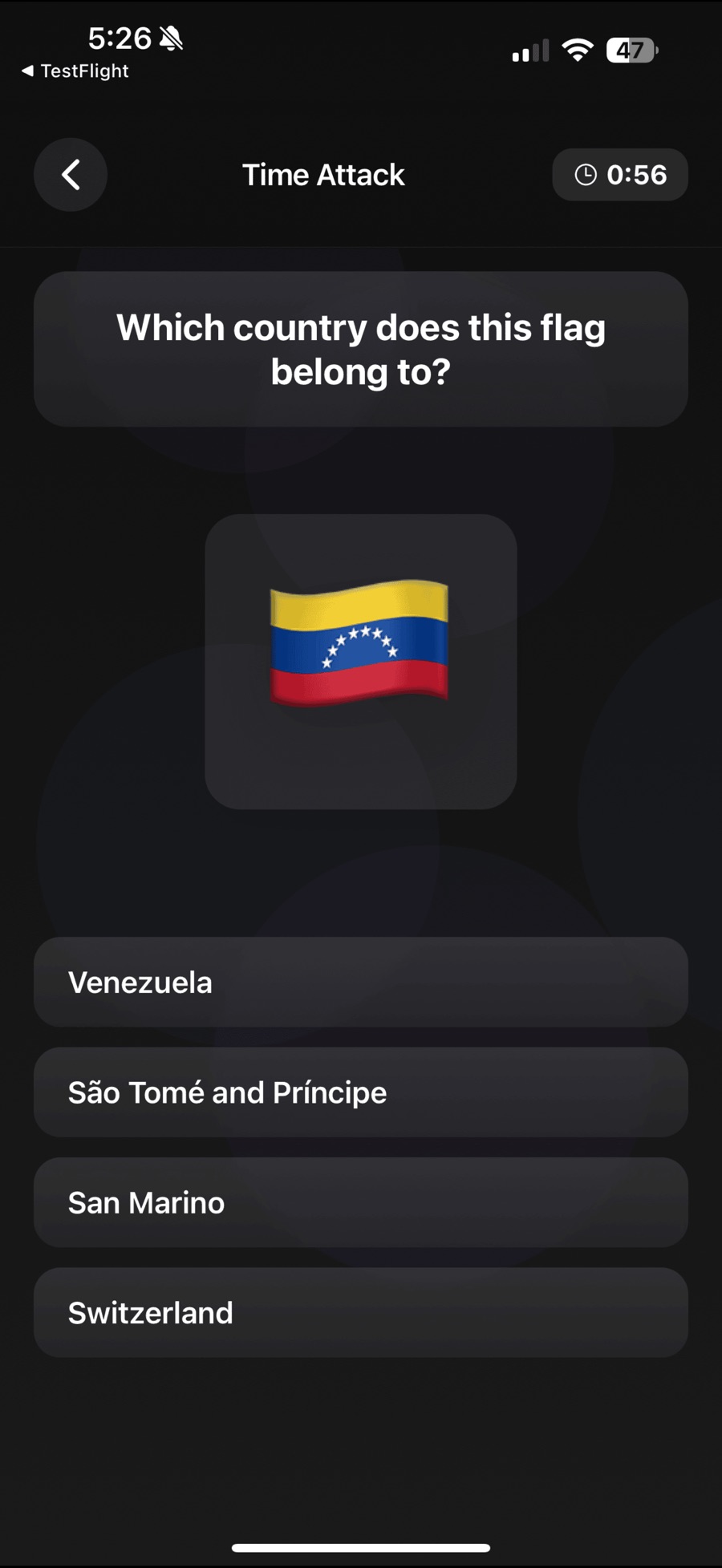 Time Attack mode with a 0:56 countdown in the top corner, the flag of Venezuela on screen and four answer options: Venezuela, São Tomé and Príncipe, San Marino and Switzerland.