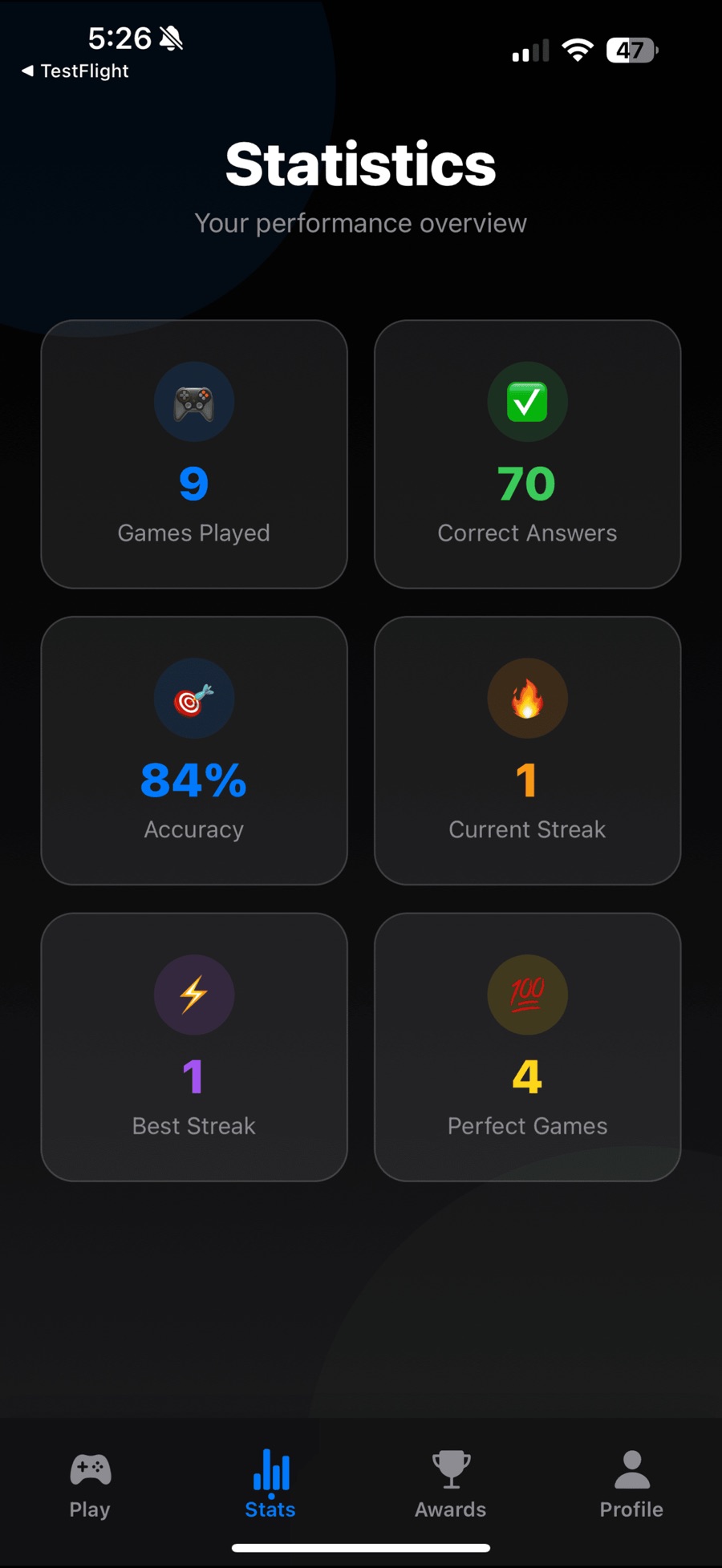 The Statistics tab showing six tiles: 9 games played, 70 correct answers, 84% accuracy, a current streak of 1, a best streak of 1 and 4 perfect games.