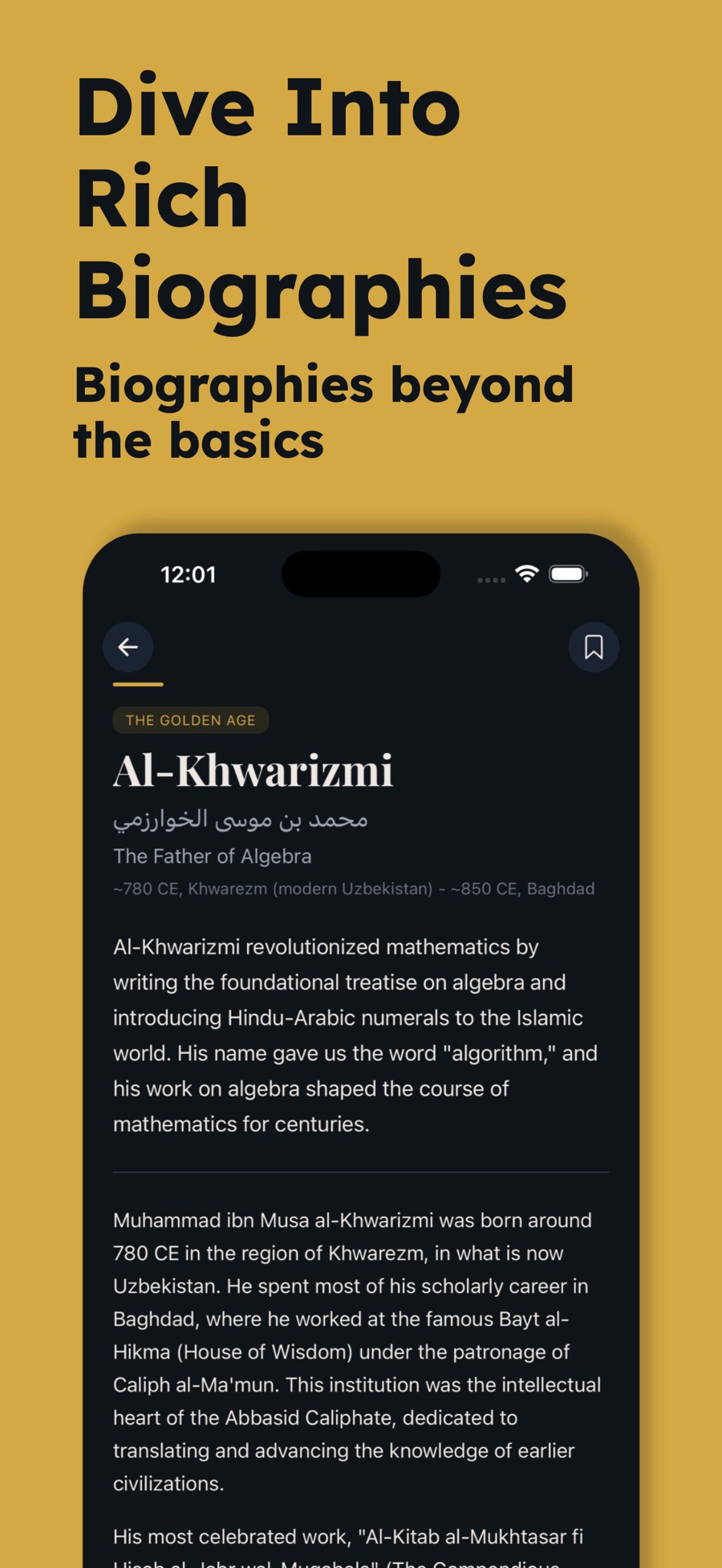 Al-Khwarizmi's entry in Legata: a "The Golden Age" era tag, his name in English and Arabic, the epithet "The Father of Algebra", dates of ~780 CE Khwarezm to ~850 CE Baghdad, a short summary explaining that his name gave us the word algorithm, then a longer narrative read about the House of Wisdom in Baghdad — with a bookmark button in the top corner.