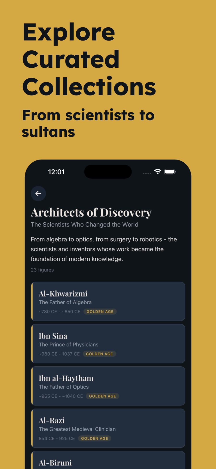 The Architects of Discovery collection — "The Scientists Who Changed the World", 23 figures — listing Al-Khwarizmi (The Father of Algebra), Ibn Sina (The Prince of Physicians), Ibn al-Haytham (The Father of Optics), Al-Razi and Al-Biruni, each with dates and a Golden Age era tag.