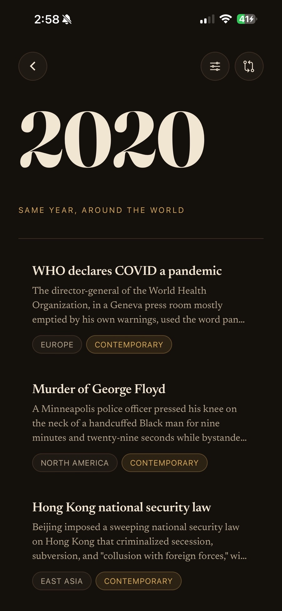 The year view for 2020, headed "Same year, around the world", listing the WHO declaring COVID a pandemic tagged Europe and Contemporary, the murder of George Floyd tagged North America, and Hong Kong's national security law tagged East Asia — each with a short paragraph of context.