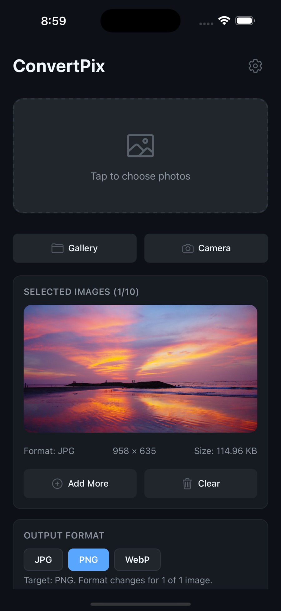 The ConvertPix main screen in dark mode: a Tap to choose photos drop area with Gallery and Camera buttons, and one selected JPG photo of a sunset over water listed at 958 by 635 pixels and 114.96 KB.