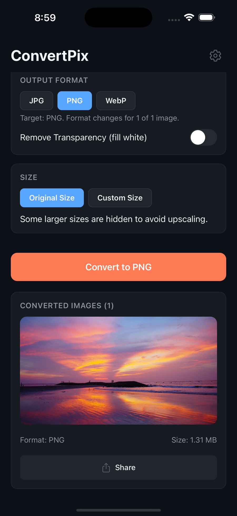 ConvertPix on iPhone: output format buttons for JPG, PNG and WebP with PNG selected, a Remove Transparency toggle, an orange Convert to PNG button, and the finished 1.31 MB PNG shown below with a Share button.