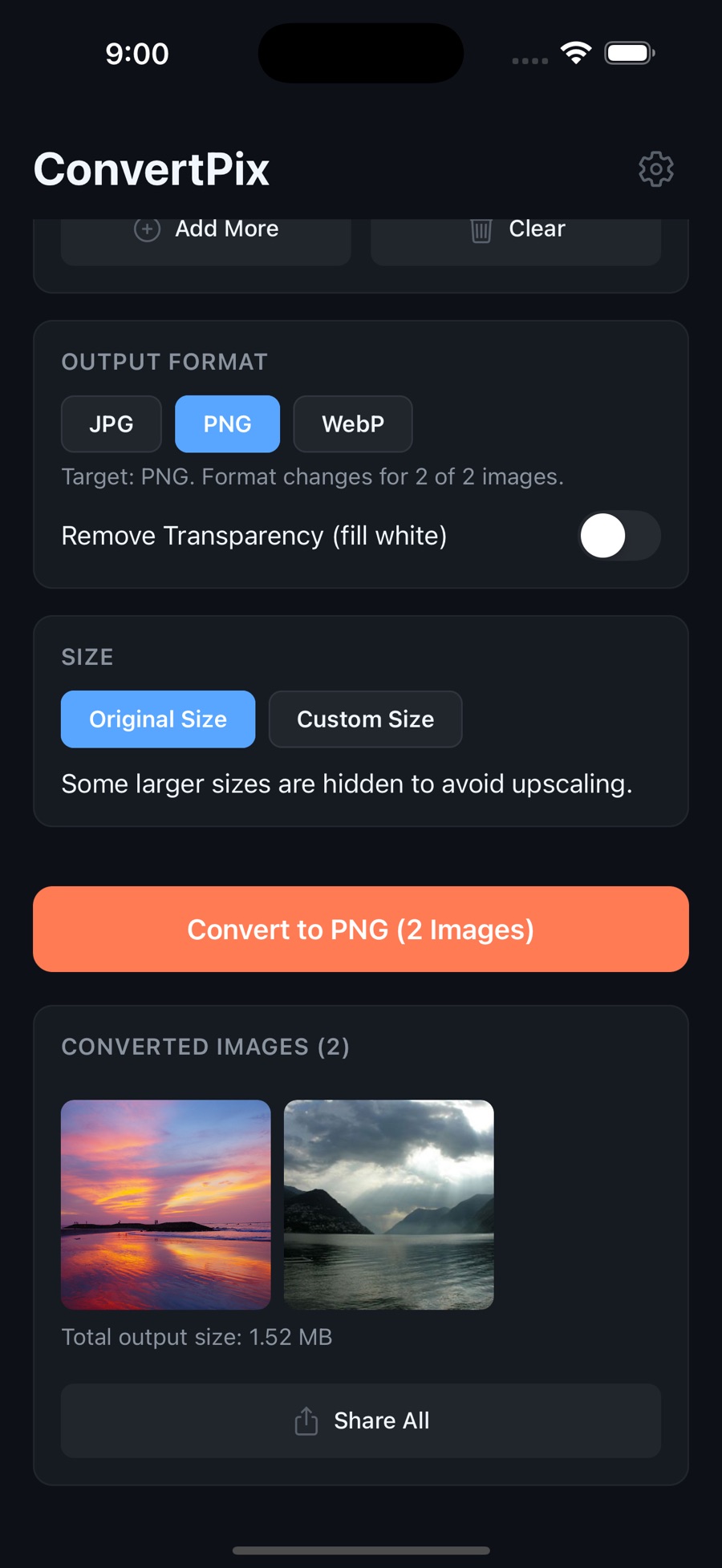 A finished batch in ConvertPix: both selected photos converted to PNG, with a total output size of 1.52 MB and a Share All button.