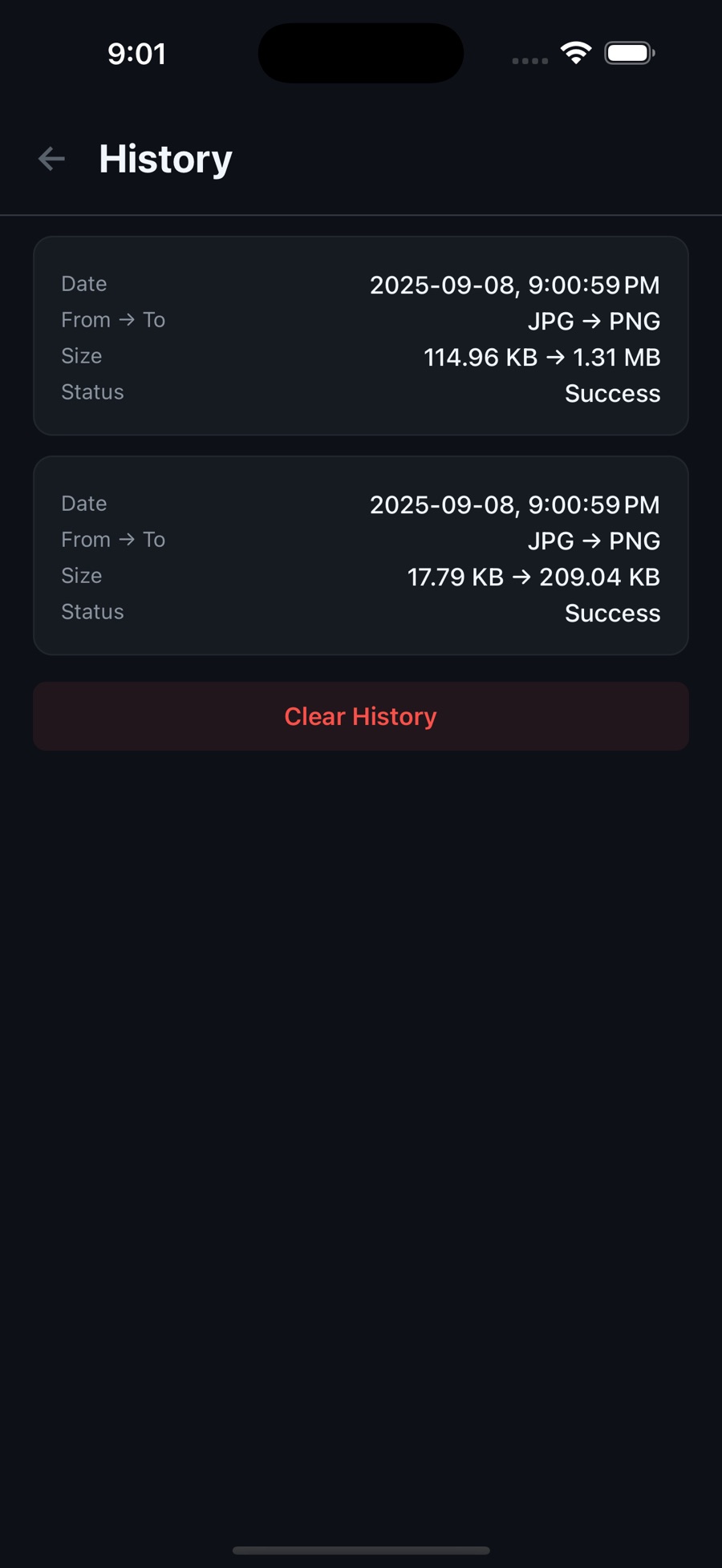 The ConvertPix History screen listing two completed JPG to PNG conversions with their dates, before-and-after sizes such as 114.96 KB to 1.31 MB, a Success status, and a Clear History button.