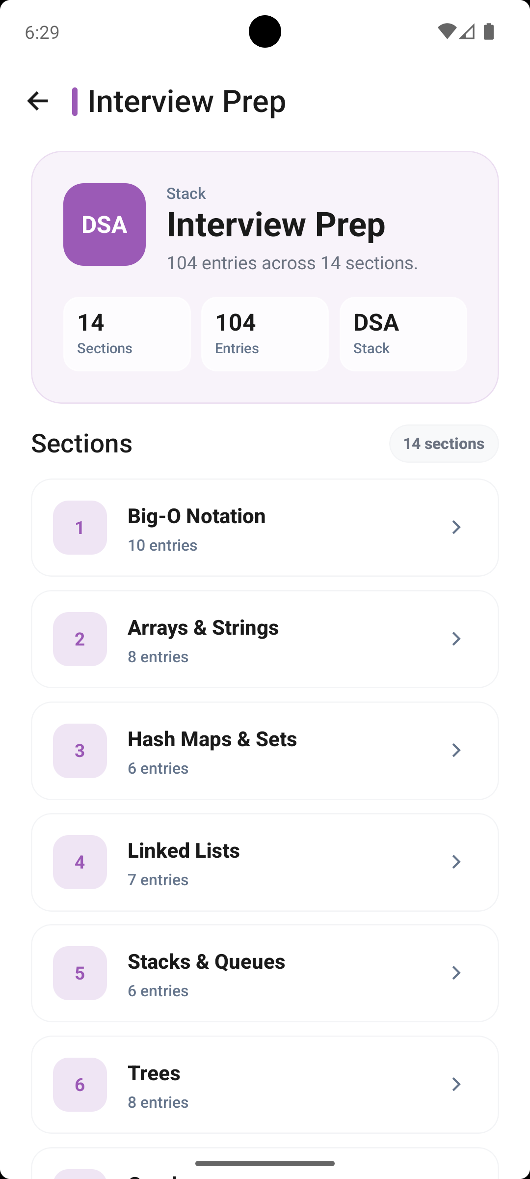 The Interview Prep stack in SyntaxShelf: 104 entries across 14 sections, listed as Big-O Notation with 10 entries, Arrays & Strings with 8, Hash Maps & Sets with 6, Linked Lists with 7, Stacks & Queues with 6 and Trees with 8.