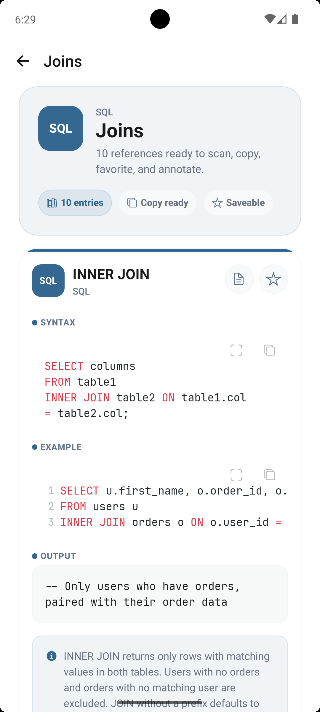The SQL Joins section in SyntaxShelf, tagged 10 entries, copy ready and saveable, with an INNER JOIN card showing the syntax pattern, a worked SELECT example joining users and orders, the expected output, and a note explaining that INNER JOIN returns only matching rows.