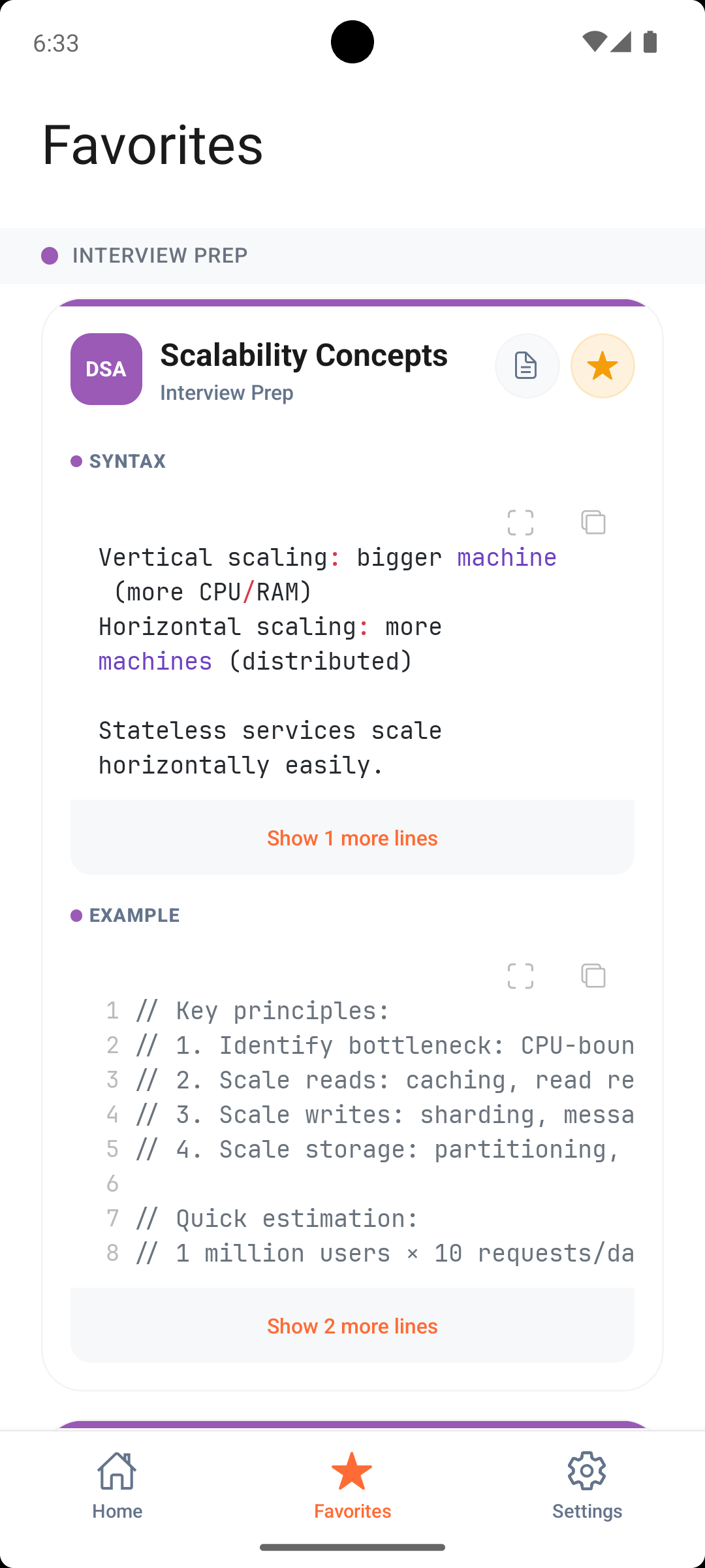 SyntaxShelf's Favorites tab showing a starred Scalability Concepts card from the Interview Prep stack, with syntax notes contrasting vertical and horizontal scaling and a numbered example listing key scaling principles.