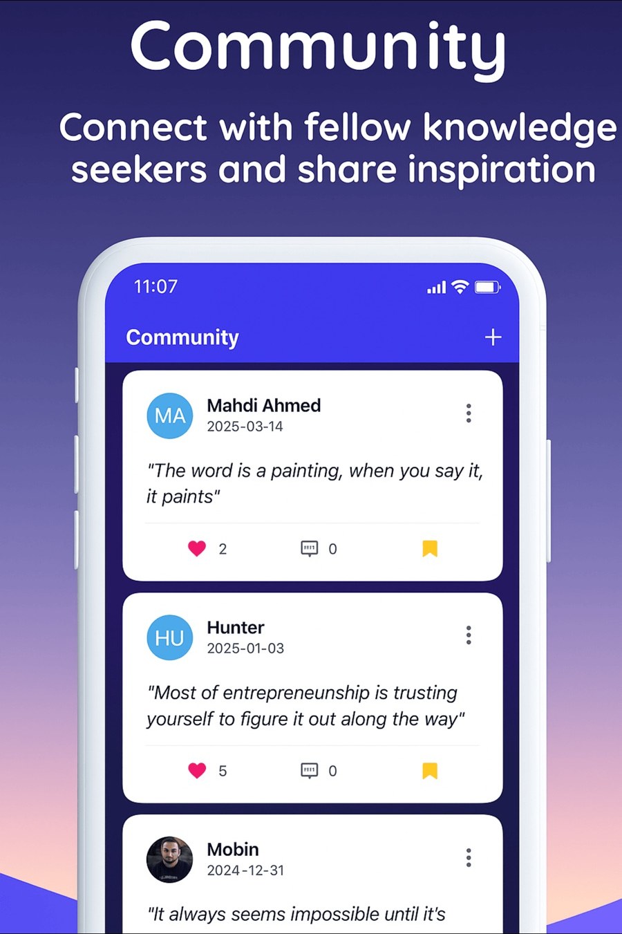 The Community feed showing posts from Mahdi Ahmed, Hunter and Mobin, each a quote card with the poster's name, date, like and comment counts, and a bookmark button.