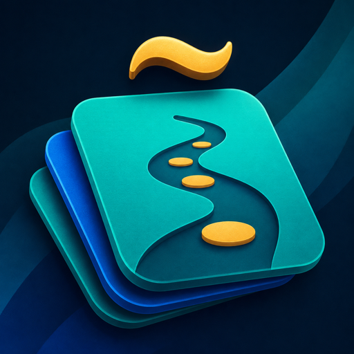 Fijario app icon: a winding path of amber stepping stones across a stack of teal flashcards