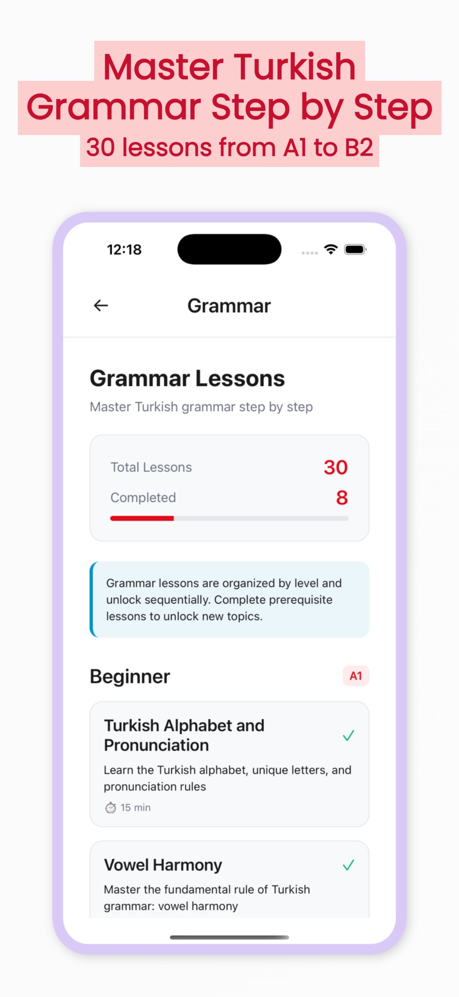 The Grammar Lessons screen showing 30 total lessons with 8 completed, a note that lessons unlock sequentially by level, and Beginner (A1) lessons “Turkish Alphabet and Pronunciation” and “Vowel Harmony”, each ticked and marked 15 min.