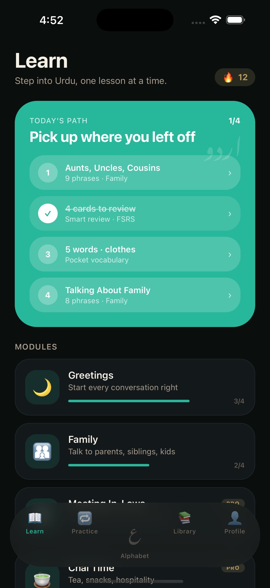 BolNama's Learn tab with a 12-day streak, a “Today's Path” card at 1 of 4 listing “Aunts, Uncles, Cousins — 9 phrases · Family”, four cards to review by smart review (FSRS, already ticked off), “5 words · clothes” and “Talking About Family”, above modules for Greetings, Family, Meeting In-Laws and Chai Time with progress bars.