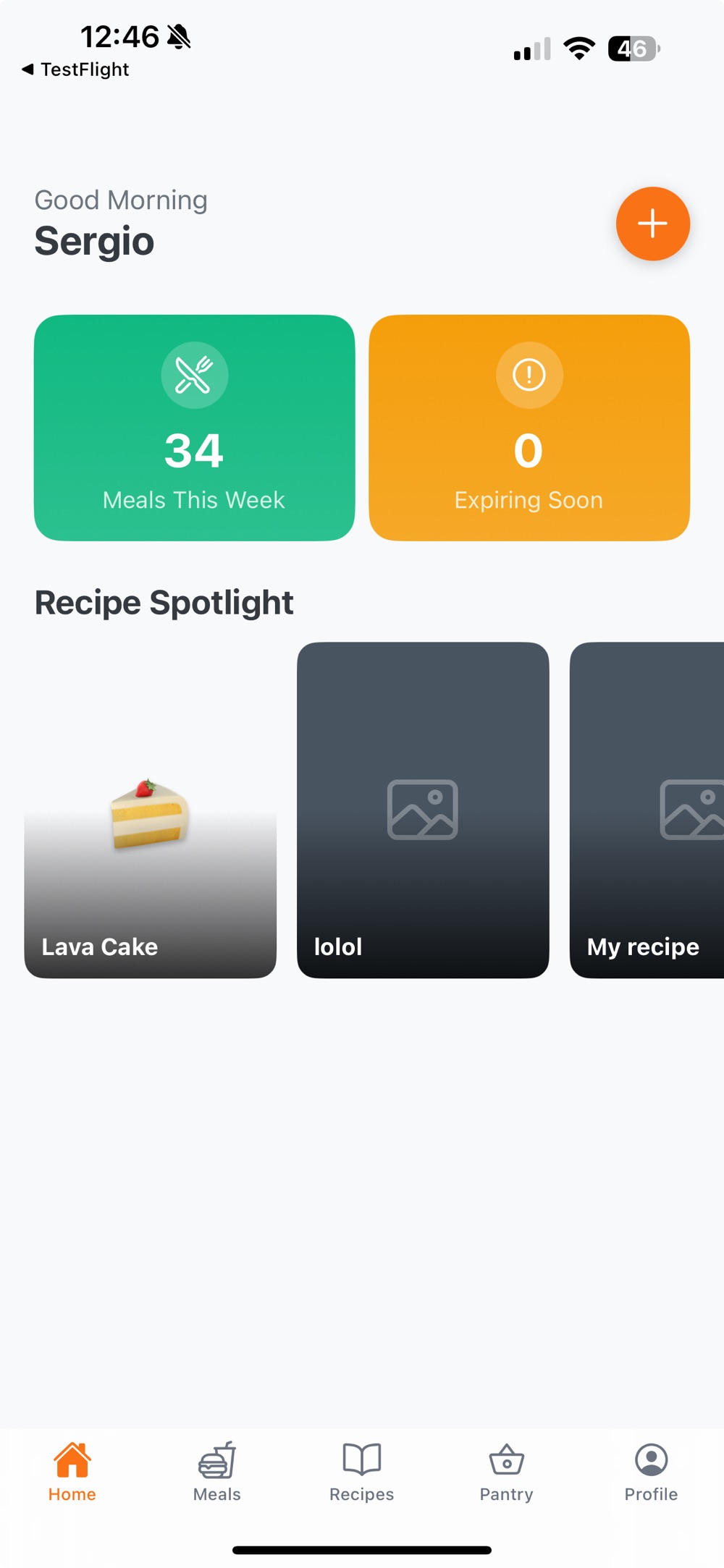 GourmetLog home dashboard greeting the user, with a green tile showing 34 meals this week beside an orange tile showing 0 items expiring soon, and a Recipe Spotlight carousel of saved recipe cards.
