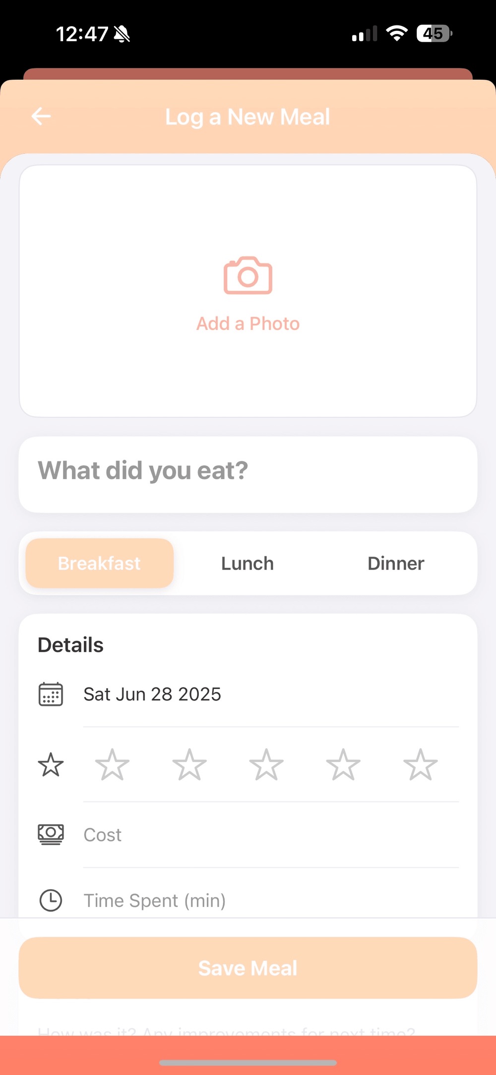 Log a New Meal form with an Add a Photo panel, a What did you eat? field, breakfast, lunch and dinner selectors, and Details rows for date, a five-star rating, cost and time spent, above a Save Meal button.