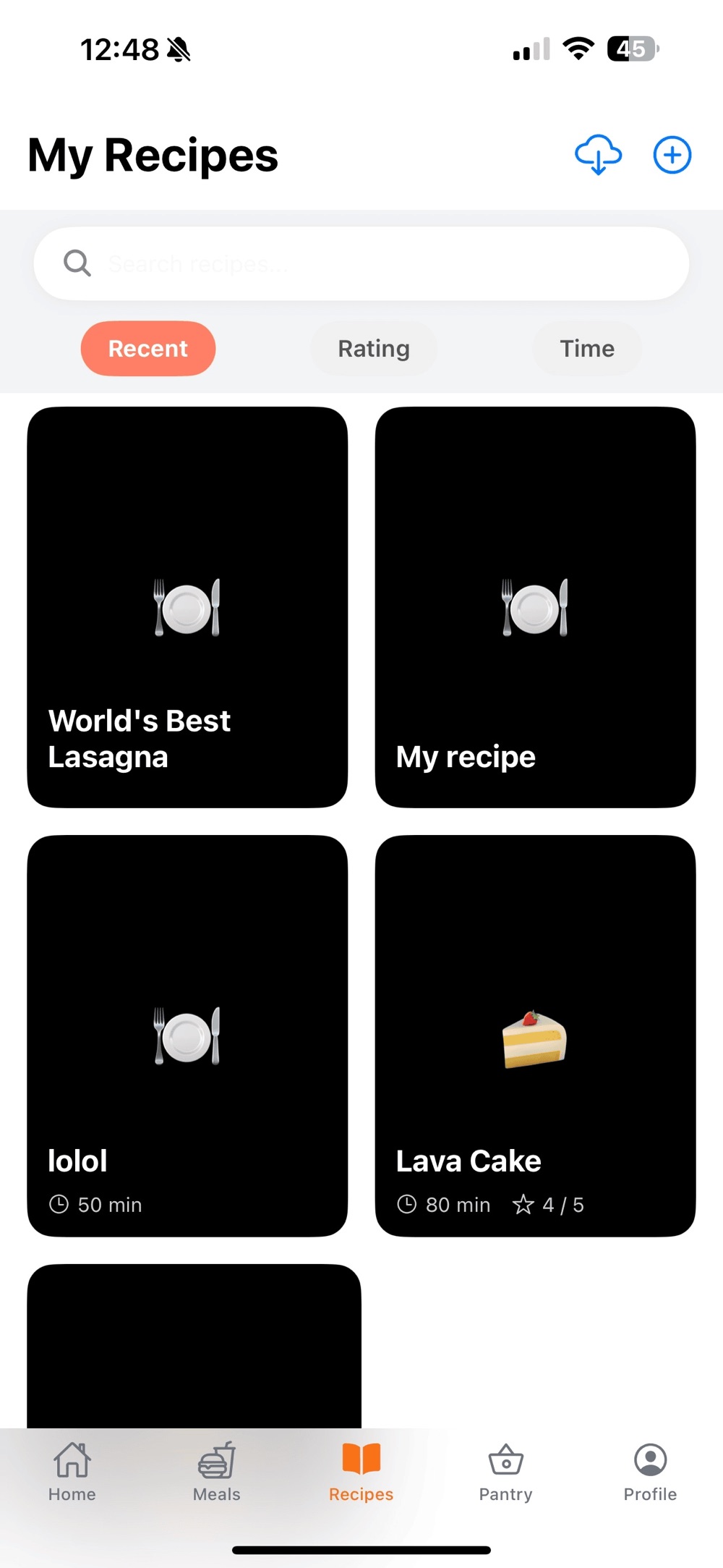 My Recipes library with a search field and Recent, Rating and Time sort tabs, showing a grid of recipe cards including World's Best Lasagna and a Lava Cake card marked 80 minutes and rated 4 out of 5.