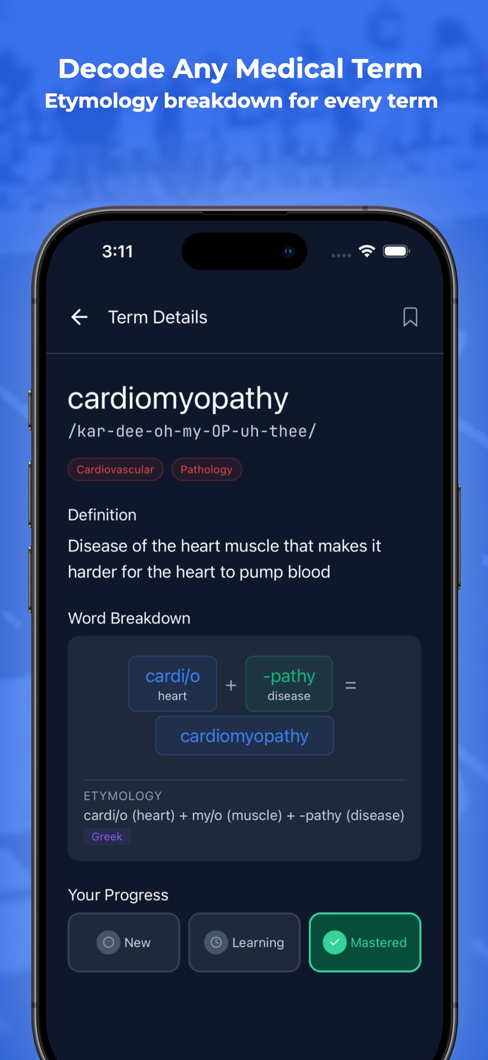 Decoded's Term Details screen for cardiomyopathy, with the pronunciation kar-dee-oh-my-OP-uh-thee, Cardiovascular and Pathology tags, the definition "disease of the heart muscle that makes it harder for the heart to pump blood", and a Word Breakdown showing cardi/o meaning heart plus -pathy meaning disease, with the Greek etymology beneath and progress marked Mastered.