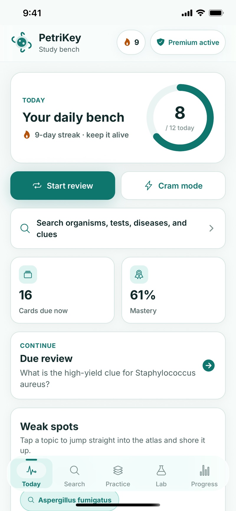 PetriKey Today screen: a daily bench card showing a 9-day streak and 8 of 12 reviews done, Start review and Cram mode buttons, a search field for organisms, tests, diseases and clues, tiles reading 16 cards due now and 61 percent mastery, and a due review asking for the high-yield clue for Staphylococcus aureus.